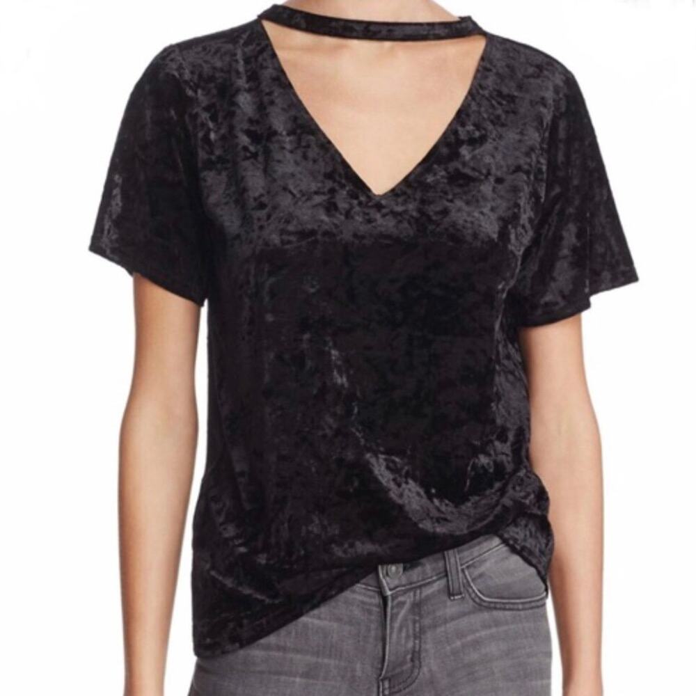 Honey Punch Crushed Velvet Choker V-Neck Top Black